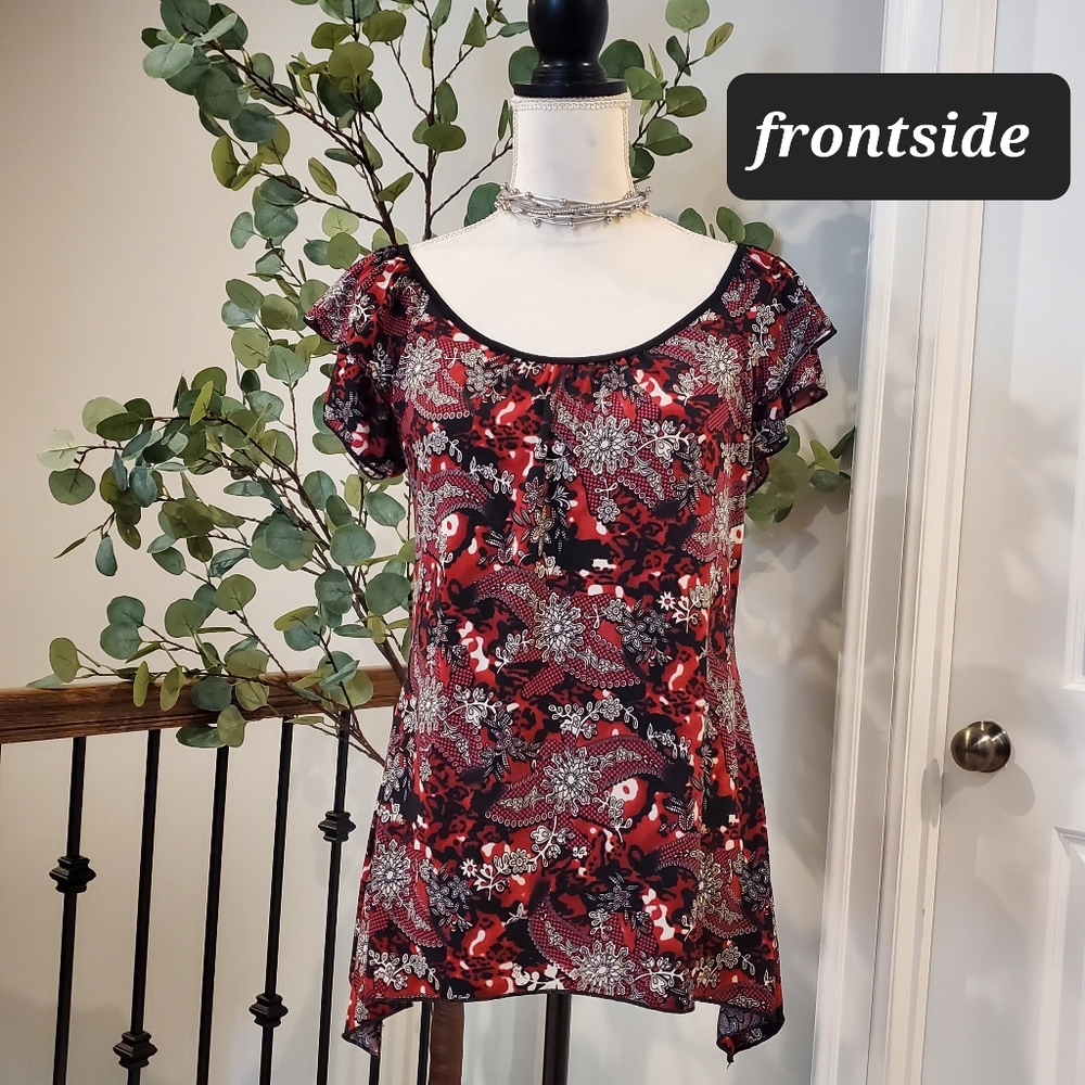 Agenda Red and Black Floral Blouse